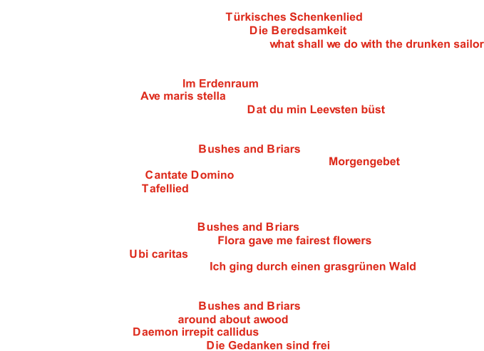 MGV Detzeln e.V.  Ltg. Jochen Stitz   1: Pflichtchor: F. Mendelssohn Bartholdy -  Türkisches Schenkenlied   2: Wahlchor: J. Haydn,Arr.: E. Mandyczewski -  Die Beredsamkeit   3: Wahlchor: Shanty, Arr.: A. Parker und R. Shaw -  what shall we do with the drunken sailor Gesangverein Frohsinn 1898 Kirrlach e.V.  Ltg. Richard Trares   4: Pflichtchor: J. G. Rheinberger -  Im Erdenraum   5: Wahlchor: P. Jańczak -  Ave maris stella   6: Wahlchor: Volkslied,Arr.: H. Wormsbächer -  Dat du min Leevsten büst Männerchor des MGV Bahnbrücken und Melodivas e.V.  Ltg. Markus Widdermann   7: Pflichtchor: R. Vaughan Williams -  Bushes and Briars   8: Wahlchor: F. Mendelssohn Bartholdy,Arr.: W. Baumgartner-  Morgengebet   9: Wahlchor: G. O. Pitoni -  Cantate Domino 10: Wahlchor: C. F. Zelter -  Tafellied CANTUS M des MGV Liederkranz 1842 e.V. Buchen Ltg. Michael Wüst 11: Pflichtchor: R. Vaughan Williams -  Bushes and Briars 12: Wahlchor: J. Wilbye, Arr.: H. Morgan -  Flora gave me fairest flowers 13: Wahlchor: O. Gjeilo -  Ubi caritas 14: Wahlchor: Volkslied, Arr.: M. Reger -  Ich ging durch einen grasgrünen Wald NKG-Männerchor  Ltg. Christian Roos 15: Pflichtchor: R. Vaughan Williams -  Bushes and Briars 16: Wahlchor: Th. Morley Round -  around about awood 17: Wahlchor: G. Orbán -  Daemon irrepit callidus 18: Wahlchor: Volkslied, Arr.: A. Schör -  Die Gedanken sind frei