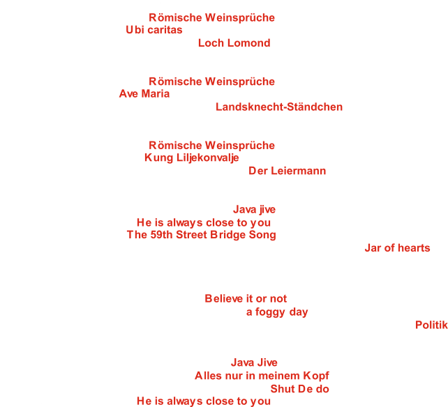 MGV Liederkranz 1905 Neudorf e.V.  Ltg. Andreas Burghardt Pflichtchor: H. Genzmer -   1: Römische Weinsprüche Wahlchor: O. Gjeilo -    2: Ubi caritas Wahlchor: Volkslied, Arr.: J. Quick -    3: Loch Lomond MGV Frohsinn 1906 Baiertal e.V.  Ltg. Stefan Kistner Pflichtchor: H. Genzmer -    4: Römische Weinsprüche Wahlchor: F. Biebl -    5: Ave Maria Wahlchor: O. di Lasso, Arr.: R. Desch -    6: Landsknecht-Ständchen Männerchor Kirrlach  Ltg. Richard Trares Pflichtchor: H. Genzmer -    7: Römische Weinsprüche Wahlchor: D. Wikander -    8: Kung Liljekonvalje Wahlchor: Volkslied,Arr.: A. von Othegraven -    9: Der Leiermann Frauenchor Vocalis des GV Lyra 1864 Eschelbronn e.V. Ltg. Ralf Beer Pflichtchor: B. Oakland, Arr.: R. Robinson-  10: Java jive Wahlchor: M. Carbow -  11: He is always close to you Wahlchor: P. Simon -  12: The 59th Street Bridge Song Wahlchor: B.Yeretsian,C.Perri,D.Lawrence,Arr.:A.Anders/P. Astrom -  13: Jar of hearts Junior Jazzchor des Jazzchor Freiburg e.V. Ltg. Tamino Franz Pflichtchor: J. Taylor, Arr.: K. Marsh -  14: Believe it or not Wahlchor: G. und I. Gershwin, Arr.: K. Shaw-  15: a foggy day Wahlchor: G. Berryman, J. Buckland, W. Champion, C. Martin, Arr.: B. Gröger-  16: Politik NKG-Frauenchor Mosbach  Ltg. Rachel Rickert Pflichtchor: B. Oakland,Arr.: R. Robinson-  17: Java Jive Wahlchor: A. Bourani, Arr.: T. Fris -  18: Alles nur in meinem Kopf Wahlchor: R. Stonehill, Arr.: T. Fettke u. T. Grassi-  19: Shut De do Wahlchor: M. Carbow -  20: He is always close to you