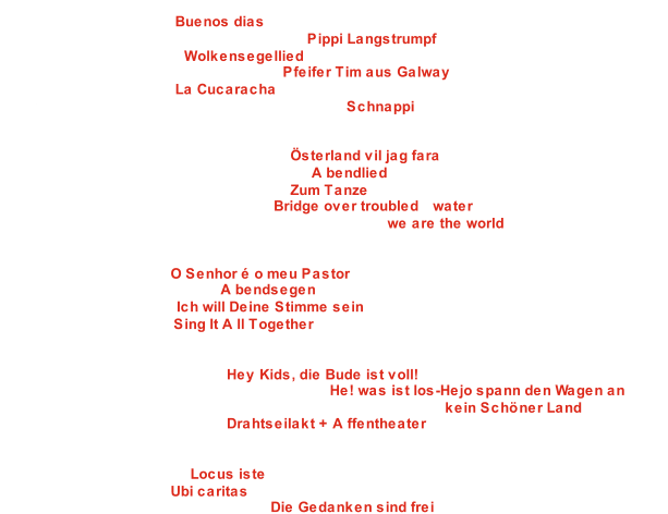 Kinderchor der Albert-Schweitzer Schule Altlußheim Schwetzingen Ltg. Christian Palmer  Wahlchor: Volkslied -  1: Buenos dias   2: Wahlchor: J Johannson, K. Elfers Hey, -  Pippi Langstrumpf Wahlchor: Ch. Bruhn -   3: Wolkensegellied Wahlchor: Volkslied, Arr.: J. Bürthel -  4: Pfeifer Tim aus Galway   5: Wahlchor: Volkslied -  La Cucaracha Wahlchor: I. Gruttmann, Arr.: C. Heimbucher -   6: Schnappi Jugendchor des MGV 1847 Heddesheim e.V. Ltg. Sabine Nick   7: Wahlchor: Volkslied, Arr.: S. Nick Till -  Österland vil jag fara   8: Wahlchor: Volkslied, Arr.: Ch. Bollmann -  Abendlied   9: Wahlchor: Volkslied, Arr.: R. Heyden -  Zum Tanze 10: Wahlchor: P. Simon, Arr.: R. Sund -  Bridge over troubled water 11: Wahlchor: M. Jackson u. L. Richie,Arr.: R. Emerson- we are the world Kammerchor der Schillerschule GWRS Mannheim Ltg. Cosima Grabs 12: Wahlchor: Volkslied - O Senhor é o meu Pastor 13: Wahlchor: E. Humperdinck - Abendsegen 14: Wahlchor: C. Grabs -  Ich will Deine Stimme sein 15: Wahlchor: E. Harris -  Sing It All Together Die Eichhörnchen der Eichelberg-Grundschule Bad Rotenfels  Ltg. Achim Rheinschmidt 16: Wahlchor: A. Rheinschmidt -  Hey Kids, die Bude ist voll! 17: Wahlchor: Volkslied, Arr.: A. Rheinschmidt -  He! was ist los-Hejo spann den Wagen an 18: Wahlchor: A. W. F. von Zuccalmaglio, Arr.: A. Rheinschmidt-  kein Schöner Land 19: Wahlchor: A. Rheinschmidt -  Drahtseilakt + Affentheater Großer Chor des St. Raphael-Gymnasiums Heidelberg Ltg. Mathias Rickert 20: Wahlchor: A. Bruckner - Locus iste 21: Wahlchor: O. Gjeilo - Ubi caritas 22: Wahlchor: Volkslied, Arr.: O. Gies -  Die Gedanken sind frei