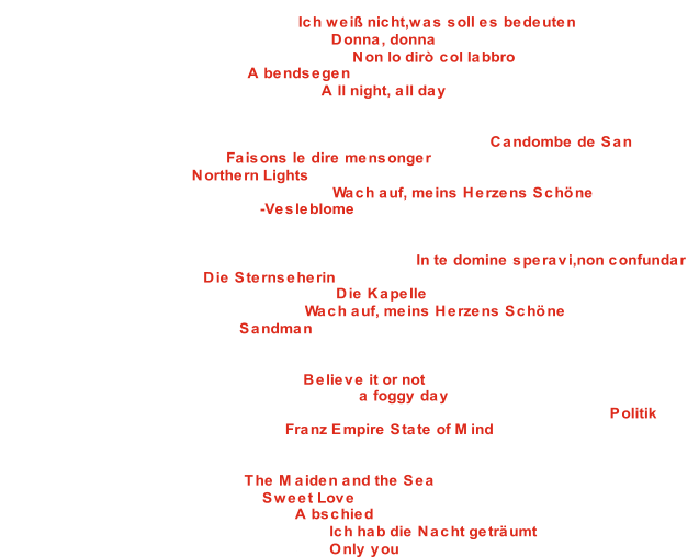 Chor AufTakt der Musikschule Hockenheim Ltg. Christian Palmer Wahlchor: F. Silcher, Arr.: A. Köhs -   1: Ich weiß nicht,was soll es bedeuten    2: Wahlchor: S. Secunda, Arr.: J. Krause -  Donna, donna    3: Wahlchor: G. F. Händel,Arr.: A. Somervell-  Non lo dirò col labbro    4: Wahlchor: E. Humperdinck -  Abendsegen Wahlchor: Spiritual, Arr.: P. F. Simms -   5: All night, all day Kammerchor des Helmholtz-Gymnasiums Karlsruhe  Ltg. Dr. Stephan Aufenanger    6: Pflichtchor: A. Montenegro-Yabor,Arr.: L. Cangiano Baltasar-  Candombe de San Wahlchor: C. Jannequin -   7: Faisons le dire mensonger Wahlchor: O. Gjeilo -   8: Northern Lights Wahlchor: Volkslied, Arr.: R. Hoffmann -  9: Wach auf, meins Herzens Schöne 10: Wahlchor: W. Peterson-Berger  -Vesleblome St. Raphael-Kammerchor Heidelberg  Ltg. Mathias Rickert 11: Wahlchor: J. D‘ Ascanio (Desprez),Arr.: M. Rickert -  In te domine speravi,non confundar 12: Pflichtchor: K. Nystedt - Die Sternseherin 13: Wahlchor: R. Schumann, Arr.: A. Reuter - Die Kapelle 14: Wahlchor: Volkslied, Arr.: J. Brahms - Wach auf, meins Herzens Schöne 15: Wahlchor: P. Ballard -Mister  Sandman Junior Jazzchor des Jazzchor Freiburg e.V. Ltg. Tamino Franz 16: Pflichtwerk: J. Taylor, Arr.: K. Marsh - Believe it or not 17: Wahlchor: G. und I. Gershwin,Arr.: K. Shaw- a foggy day 18: Wahlchor: G. Berryman, J. Buckland,W. Champion, C. Martin, Arr.: B. Gröger- Politik 19: Wahlchor: A. Shuckburgh, Arr.: T. - Franz Empire State of Mind Kammerchor des Hartmanni-Gymnasiums Eppingen  Ltg. Timo Ducati und Bernd Söhner 20: Pflichtchor: K. Bikkembergs - The Maiden and the Sea 21: Wahlchor: M. East Follow Me, - Sweet Love 22: Wahlchor: F. Hensel-Mendelssohn - Abschied 23: Wahlchor: C. F. Nicolai, Arr.: J. Brahms - Ich hab die Nacht geträumt 24: Wahlchor: V. Clarke, Arr.: L. Maierhofer - Only you