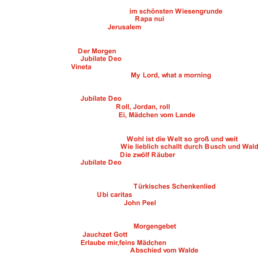 GV Concordia Reichenbach 1875 e.V.  Ltg. Joachim Langnickel Wahlchor: Volkslied, Arr.: F. J. Siegel - 1: im schönsten Wiesengrunde Wahlchor: Volkslied,Arr.: A. Kempkens-    2: Rapa nui Wahlchor: S. Adams, F. Ihlau, -   3: Jerusalem Sängerbund 1893 Rettigheim  Ltg. Thomas Hees Wahlchor: F. Silcher -   4: Der Morgen Wahlchor: L. Halmos -   5: Jubilate Deo Wahlchor: I. Heim -   6: Vineta Wahlchor: Spiritual, Arr.: R. L. Gilliam -   7: My Lord, what a morning Sängerbund 1897 e.V. Reilingen  Ltg. Klaus Siefert Wahlchor: L. Halmos -   8: Jubilate Deo Wahlchor: Spiritual, Arr.: F. Biebl -   9: Roll, Jordan, roll Wahlchor: Volkslied, Arr.: B. Klink - 10: Ei, Mädchen vom Lande MGV Eintracht Gerichtstetten 1956  Ltg: Dieter Kaiser Wahlchor: Volkslied, Arr.: W. Höfling - 11: Wohl ist die Welt so groß und weit Wahlchor: F. Silcher, Arr.: H. Poos - 12: Wie lieblich schallt durch Busch und Wald Wahlchor: Volkslied, Arr.: G. Fleig - 13: Die zwölf Räuber Wahlchor: L. Halmos - 14: Jubilate Deo MGV Liederkranz 1844 Reichartshausen e.V.  Ltg. Eric Grunwald Pflichtchor: F. Mendelssohn Bartholdy - 15: Türkisches Schenkenlied Wahlchor: A. M. Schronen - 16: Ubi caritas Wahlchor: Volkslied, Arr.: B. Weber - 17: John Peel GV Liederkranz Graben e.V.  Ltg. Joachim Langnickel Pflichtchor: F. Mendelssohn Bartholdy - 18: Morgengebet Wahlchor: W. Schmid - 19: Jauchzet Gott Wahlchor: J. Brahms-  20: Erlaube mir,feins Mädchen Wahlchor: F. Mendelssohn Bartholdy - 21: Abschied vom Walde